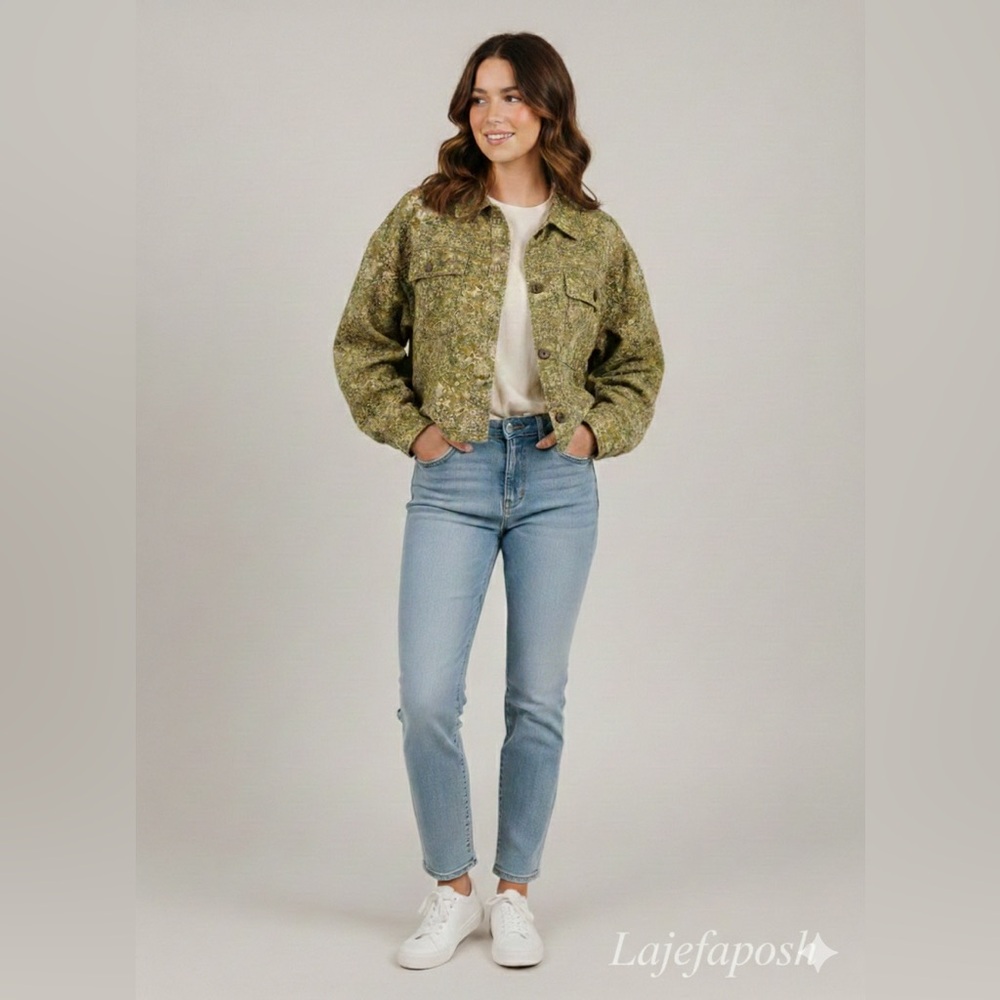 Wild Fable Green Floral Cropped Trucker Jacket